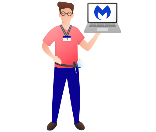 person holding laptop with Malwarebytes logo