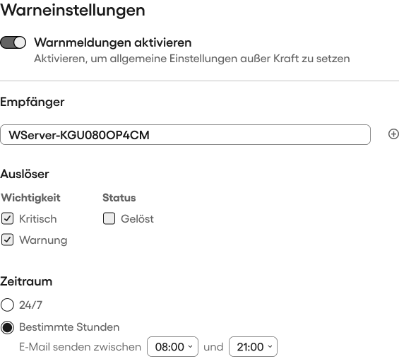 Warneinstellungen im Atera Server Monitoring Dashboard
