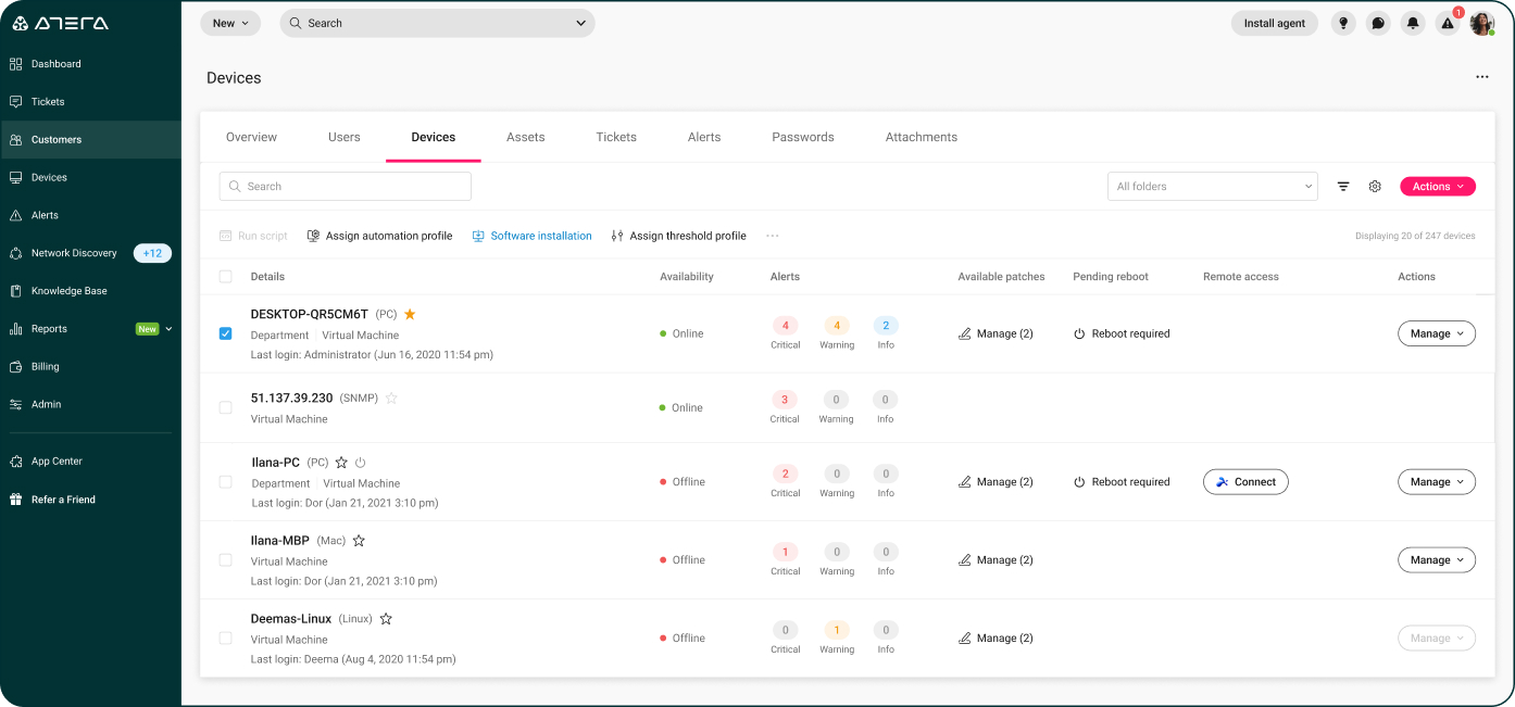 Software installation dashboard at Atera