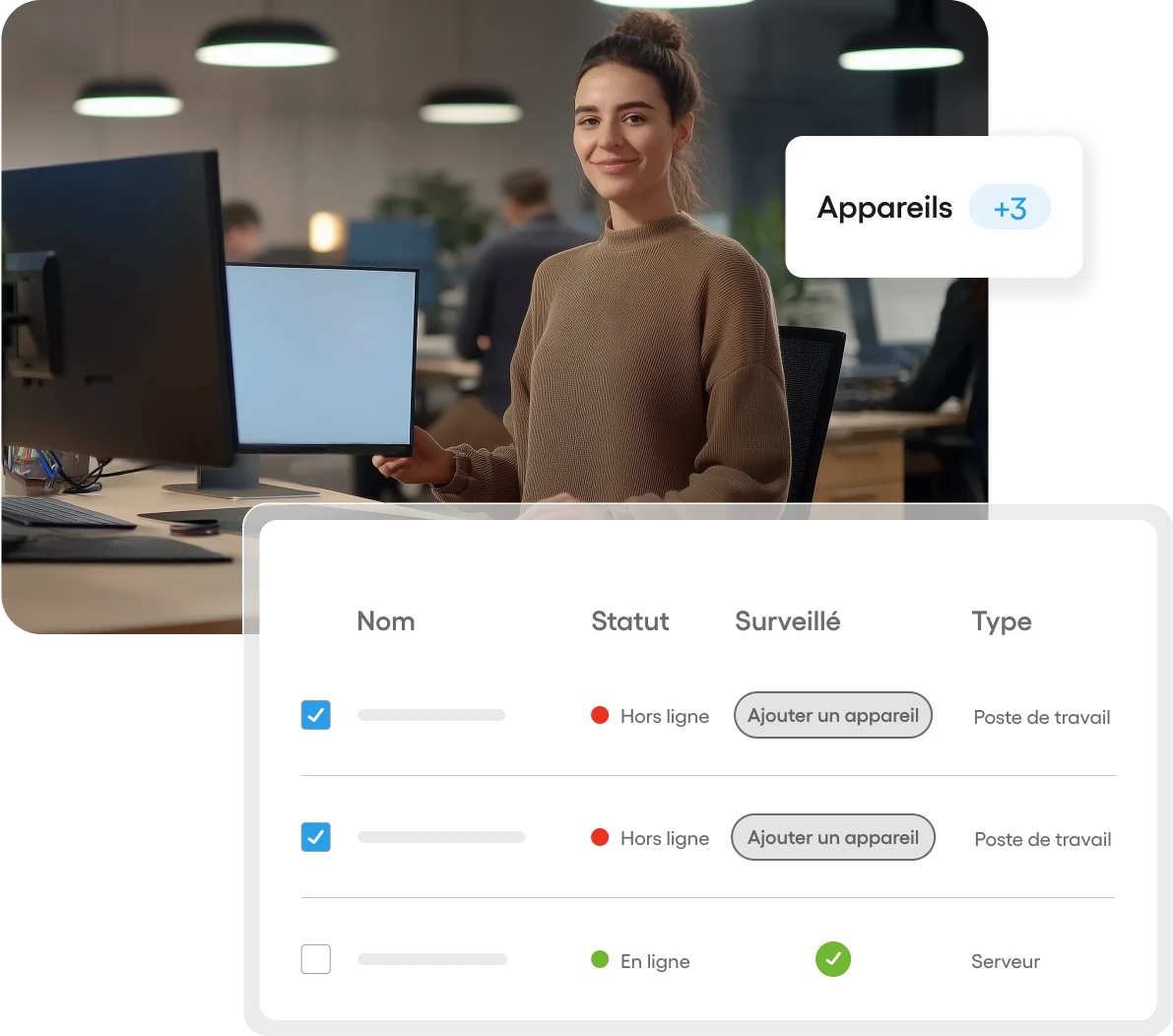 Un professionnel IT et une capture d’écran de l’inventaire et du statut des appareils d’Atera