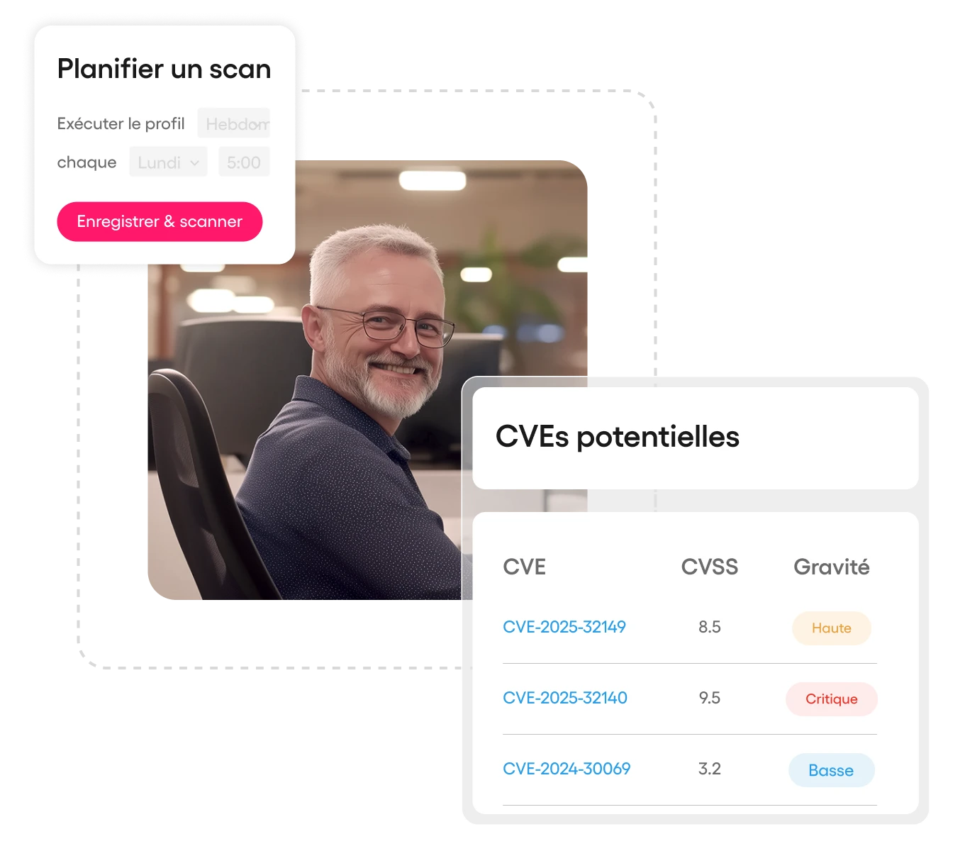 Un professionnel IT et une capture d’écran des cycles de prévention d’Atera