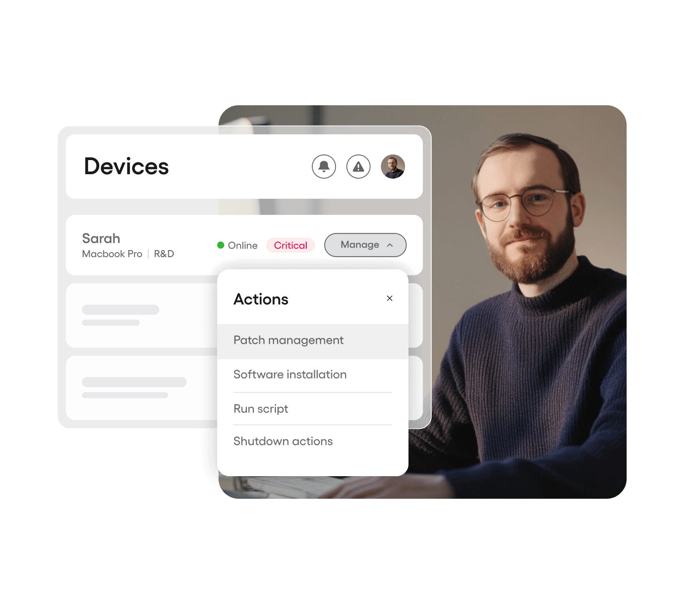 IT support for devices with Atera. Visual screenshot of the actions possible with the software