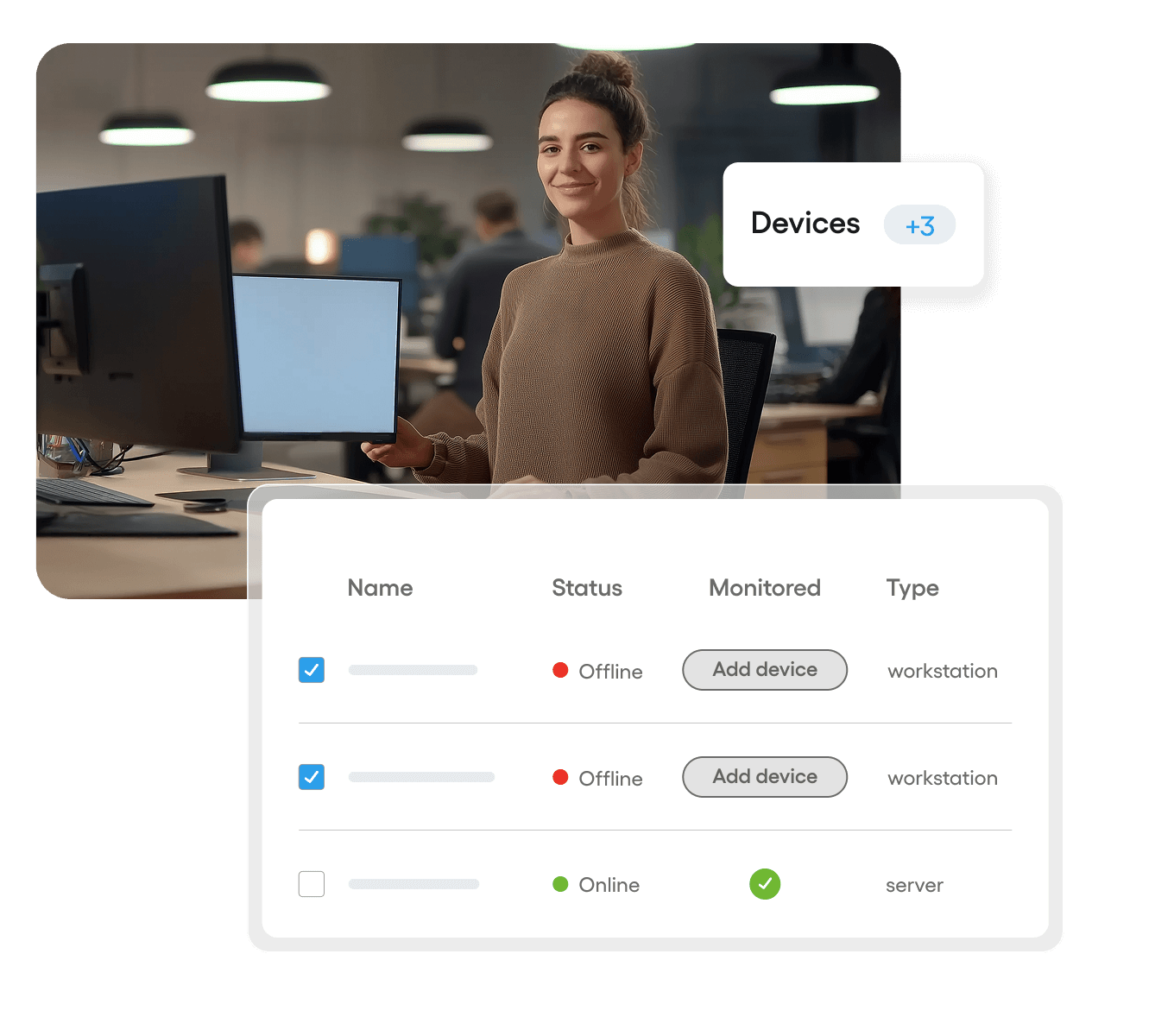 An IT pro and a screenshot of Atera's devices inventory and status
