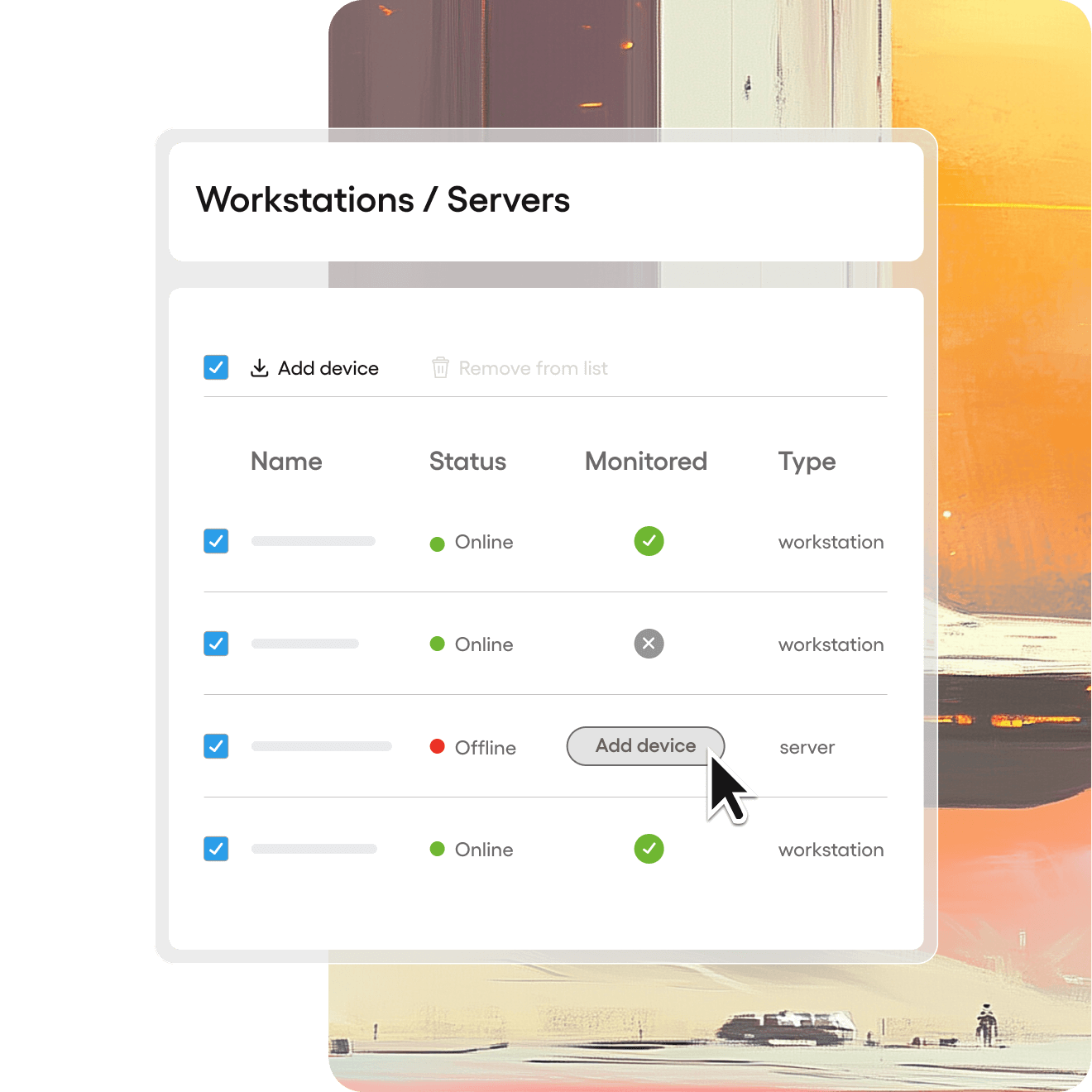 screenshot of Atera's workstations and servers list