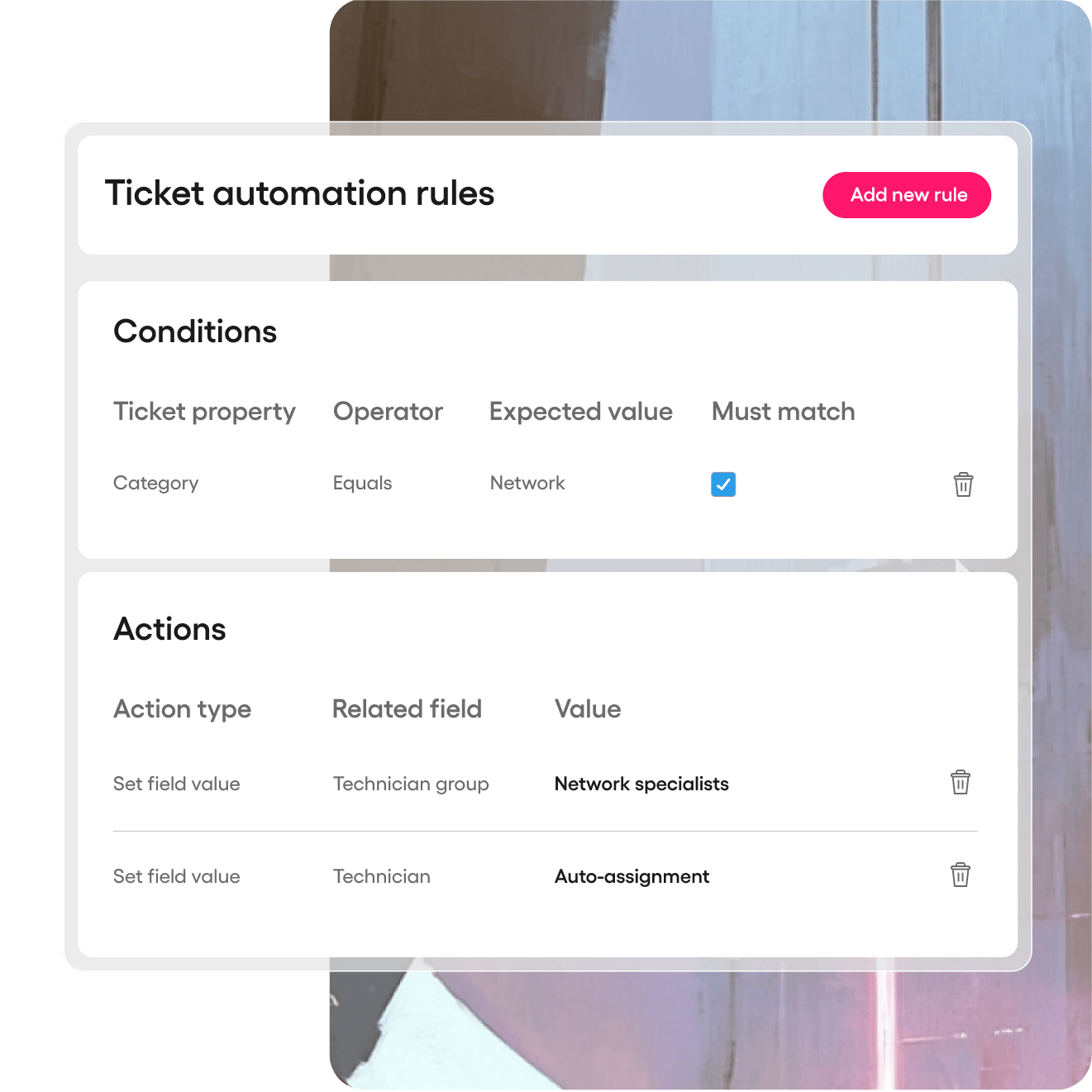 Screenshot of the Ticket Automation rules of Atera