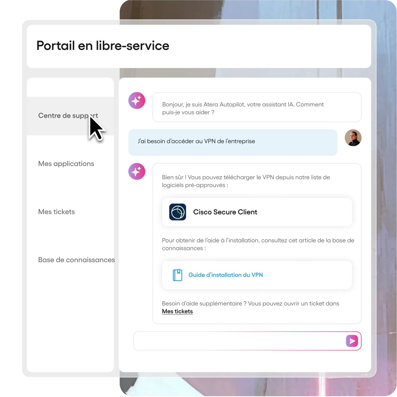 Capture d’écran du panneau de portail en libre service d’Atera