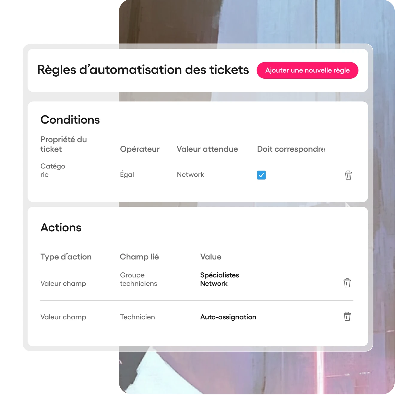Capture d’écran du panneau d'automatisation de tickets d’Atera