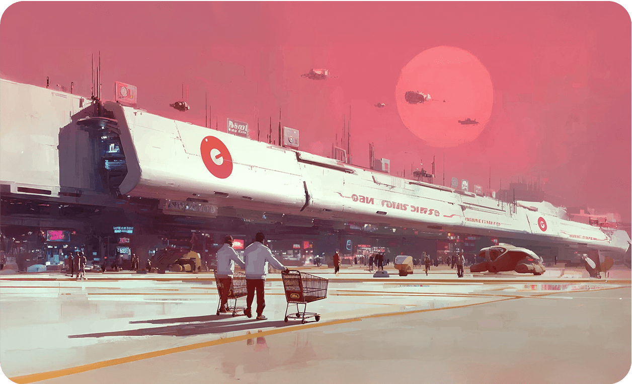 Futuristic retail hub with shoppers, digital signage, and advanced logistics systems under a red sunset.