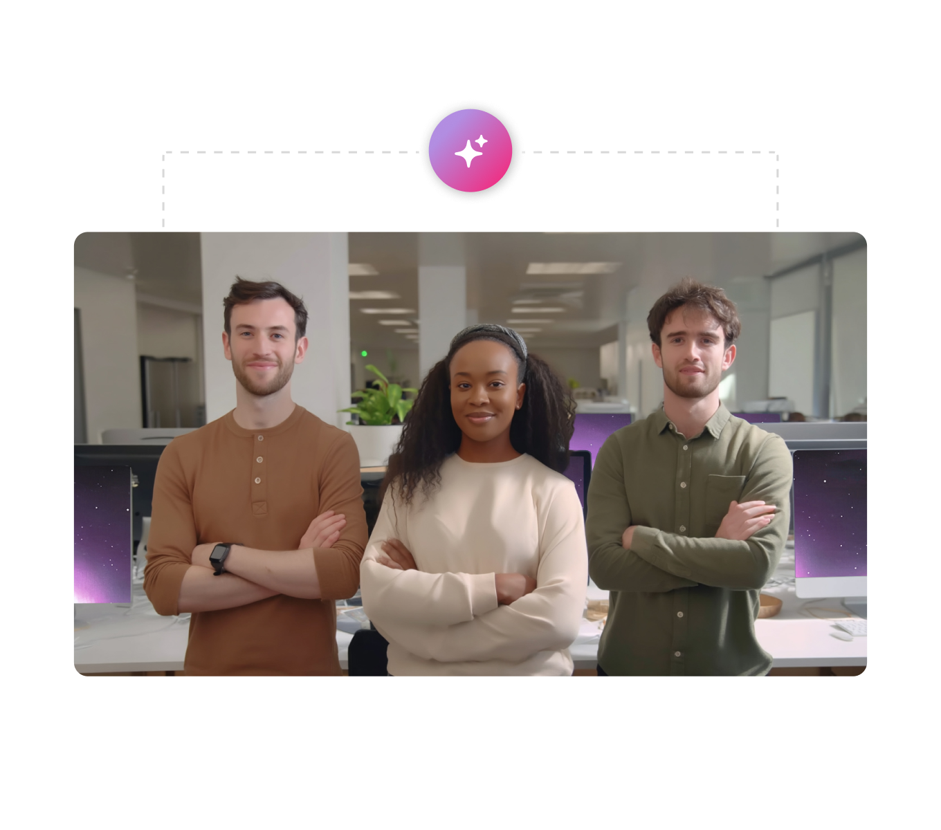 Three confident IT professionals stand with arms crossed in a modern office, symbolizing teamwork and innovation under a glowing Agentic AI icon.