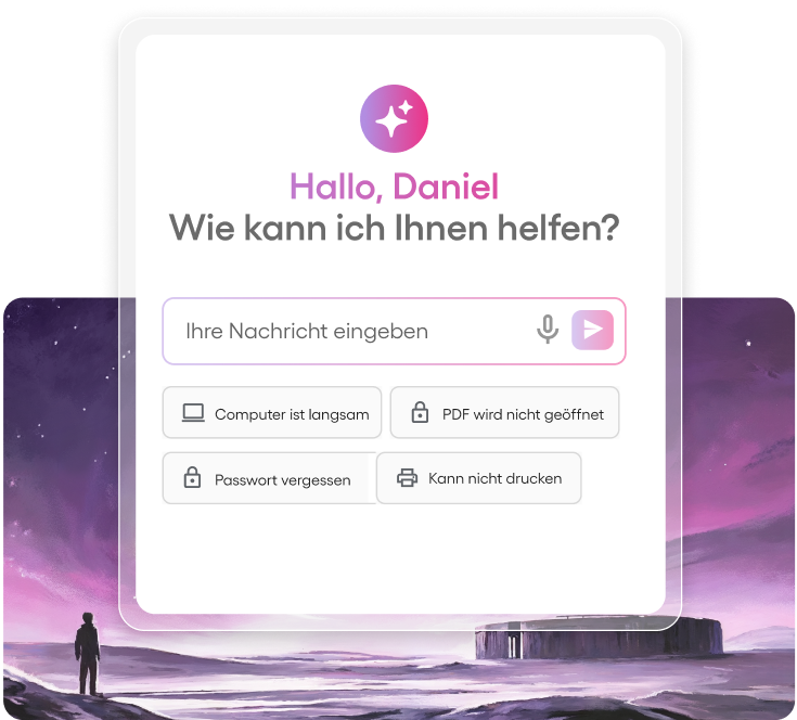 Benutzeroberfläche eines virtuellen IT-Assistenzsystems mit Begrüßung 'Hallo, Daniel' und mehreren auswählbaren IT-Problemen wie 'Computer ist langsam' und 'Passwort vergessen'.