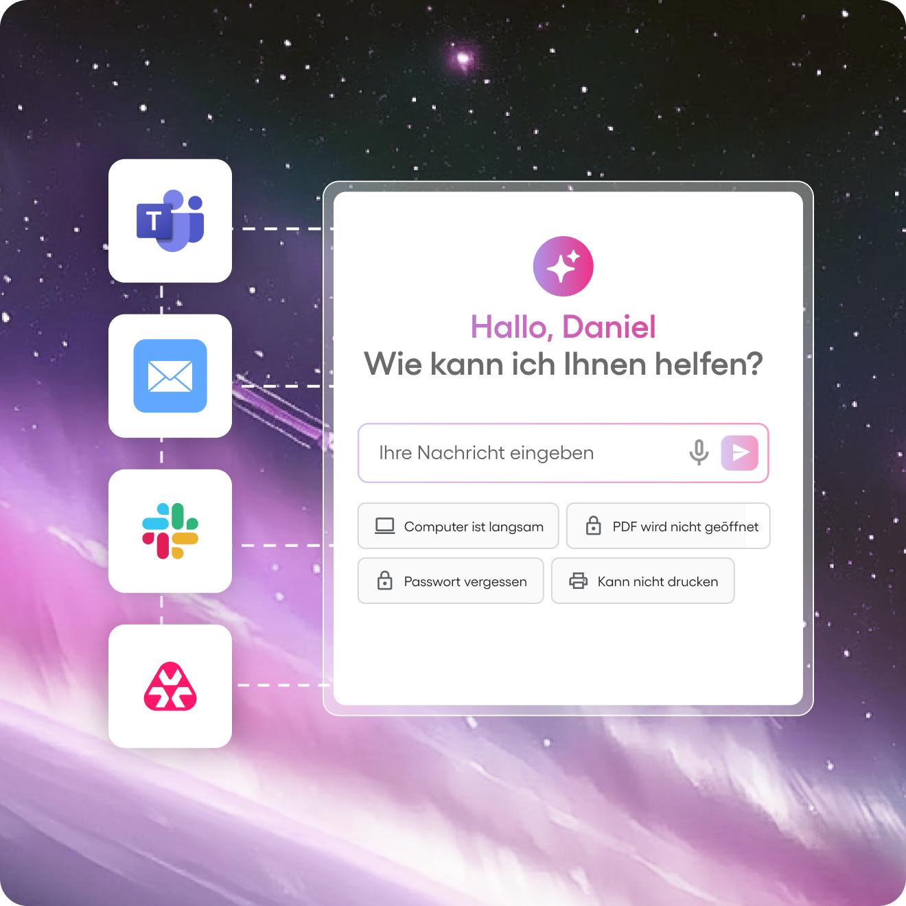Eine digitale Benutzeroberfläche zeigt einen Chatbot mit technischen Supportoptionen. Symbole für Microsoft Teams, E-Mail, Slack und eine Helpdesk-App erscheinen vor einem lila weltraumähnlichen Hintergrund.