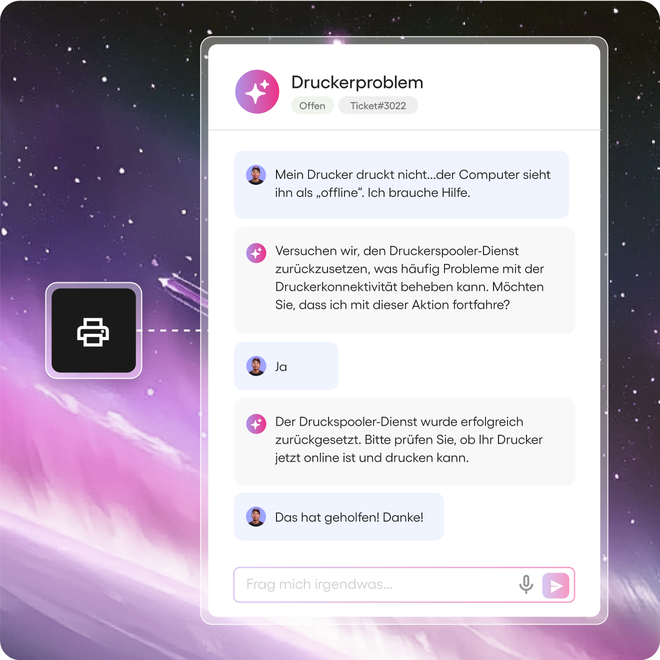 Screenshot eines Chat-Support-Fensters, in dem ein Druckerproblem besprochen wird. Es werden Schritte zur Fehlerbehebung angezeigt sowie die Bestätigung, dass das Problem gelöst wurde.
