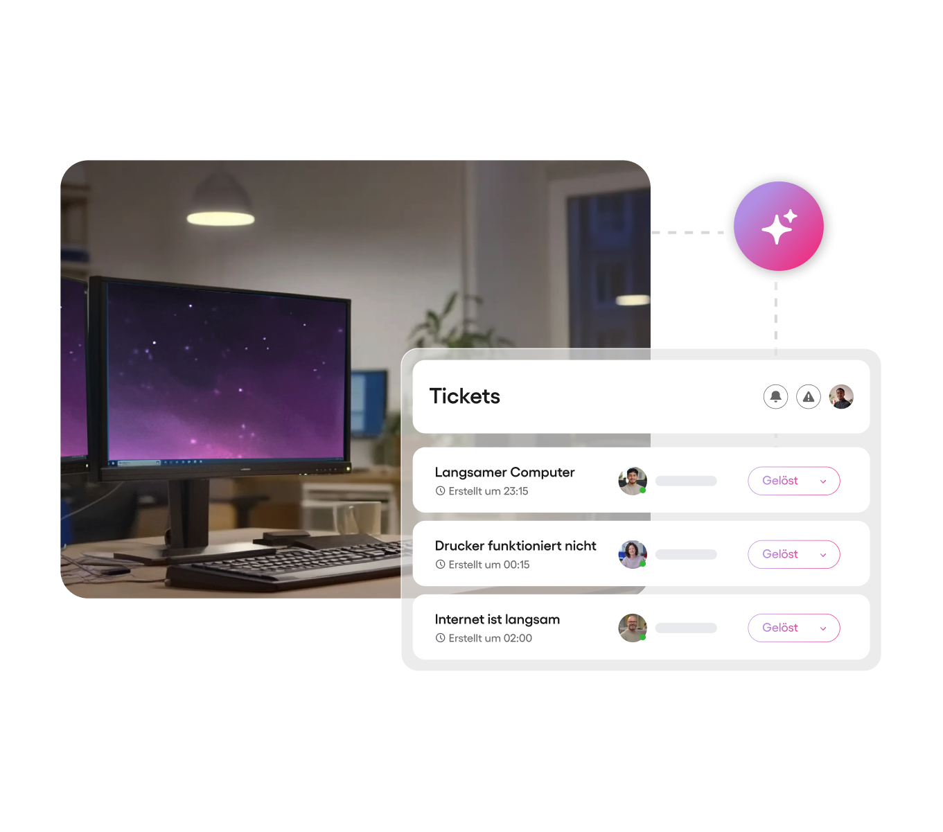 Ein Büro mit Doppelmonitor-Setup neben einem digitalen Ticket-Dashboard, das gelöste Probleme wie langsame Computer und Druckerfehler zeigt – betrieben von Ateras Robin.