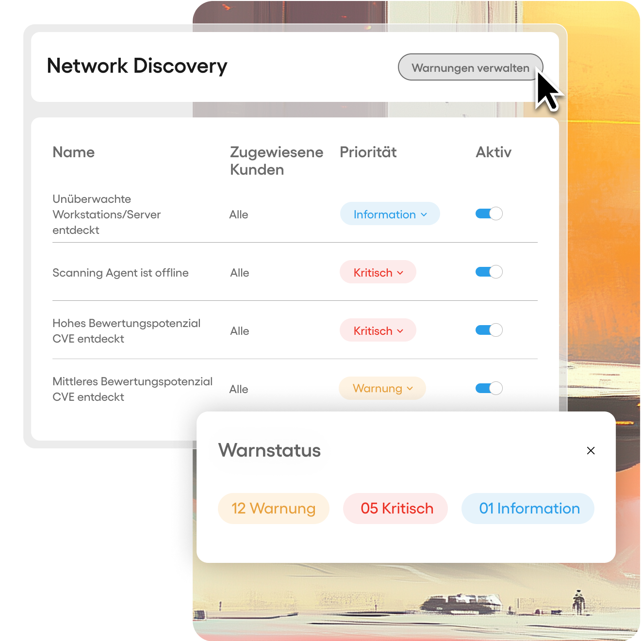 Interface displaying a list of workstations and servers with online/offline status indicators and options to add or remove devices.