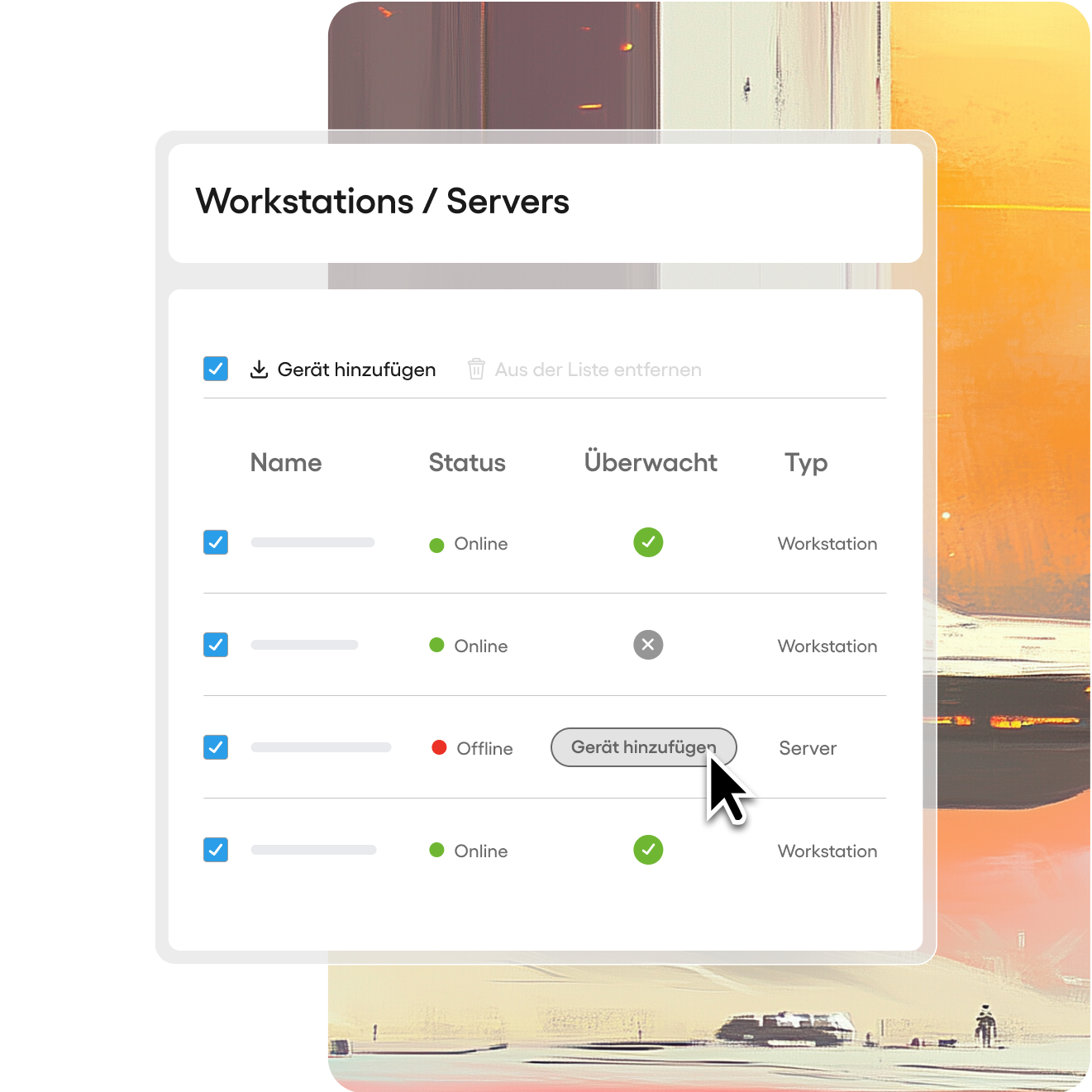 Benutzeroberfläche mit einer Liste von Workstations und Servern, einschließlich Online-/Offline-Statusanzeigen und Optionen zum Hinzufügen oder Entfernen von Geräten.