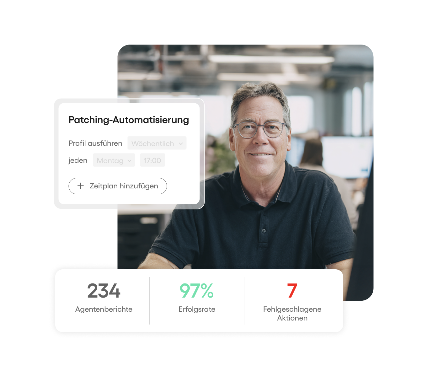 Ein Mann mittleren Alters mit Brille lächelt an einem Schreibtisch; darüber sind Einstellungen für die Workflow-Automatisierung und Statistiken eingeblendet, die 234 Berichte, 97 % Erfolgsquote und 7 fehlgeschlagene Aktionen zeigen.