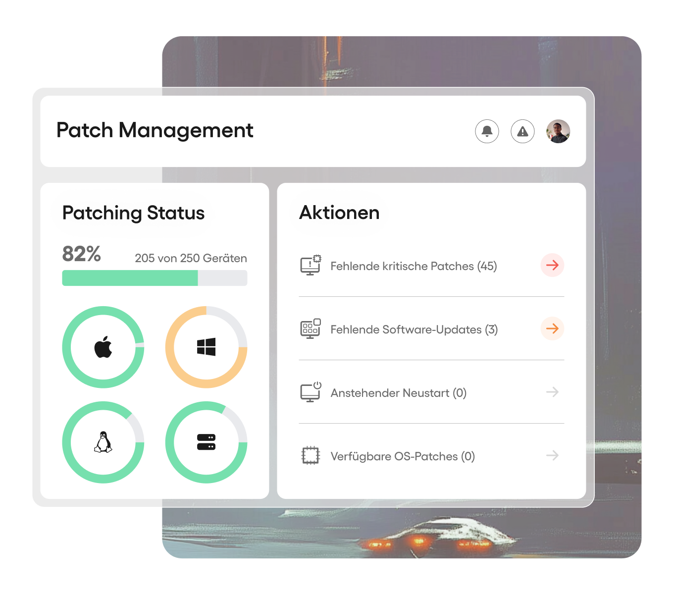 Dashboard mit Patch-Statusanzeige für verschiedene Betriebssysteme (macOS, Windows, Linux, Server) und einem Aktionsbereich, der fehlende kritische Patches, Software-Updates und verfügbare OS-Patches auflistet.