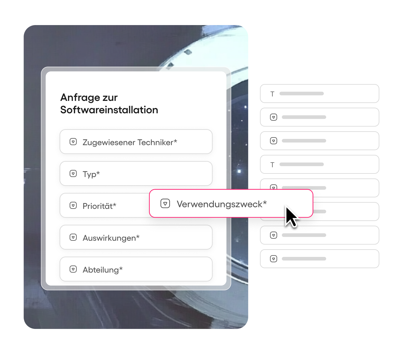 Ein digitales Formular für Software-Installationsanfragen zeigt Felder wie zuständiger Techniker, Typ, Priorität, Verwendungszweck, Auswirkung und Abteilung. Ein Cursor hebt das Feld „Verwendungszweck“ hervor.