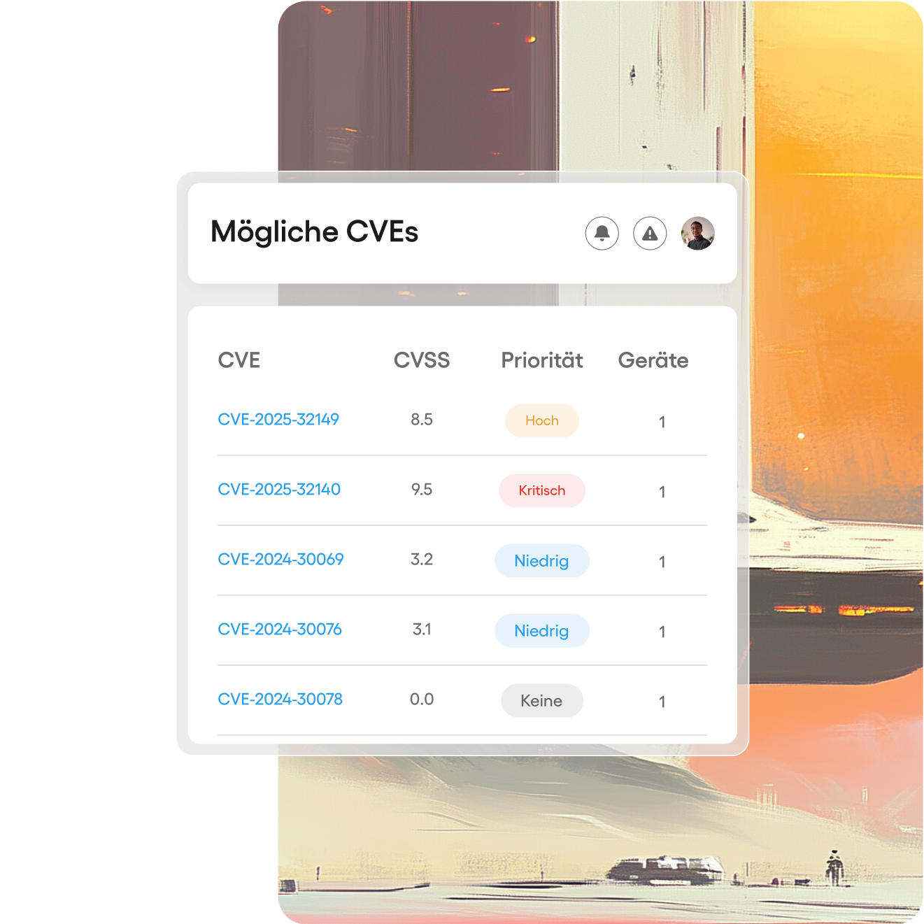 Tabelle mit CVEs, einschließlich CVE-IDs, CVSS-Scores, Prioritätsstufen und zugehörigen Geräten.
