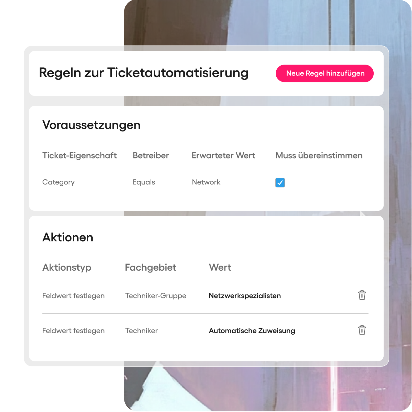 Ansicht der Ticketautomatisierungsregeln mit Bedingungen und Aktionen; oben rechts befindet sich ein Button zum Hinzufügen einer neuen Regel.