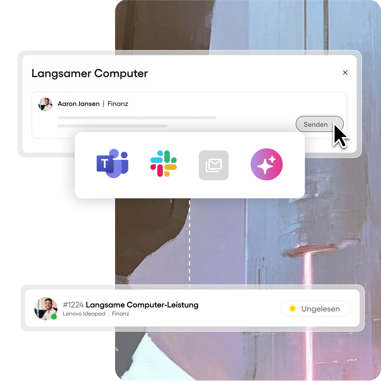 Ein langsames Computerproblem wird als Ticket über Microsoft Teams, Slack oder E-Mail geteilt.