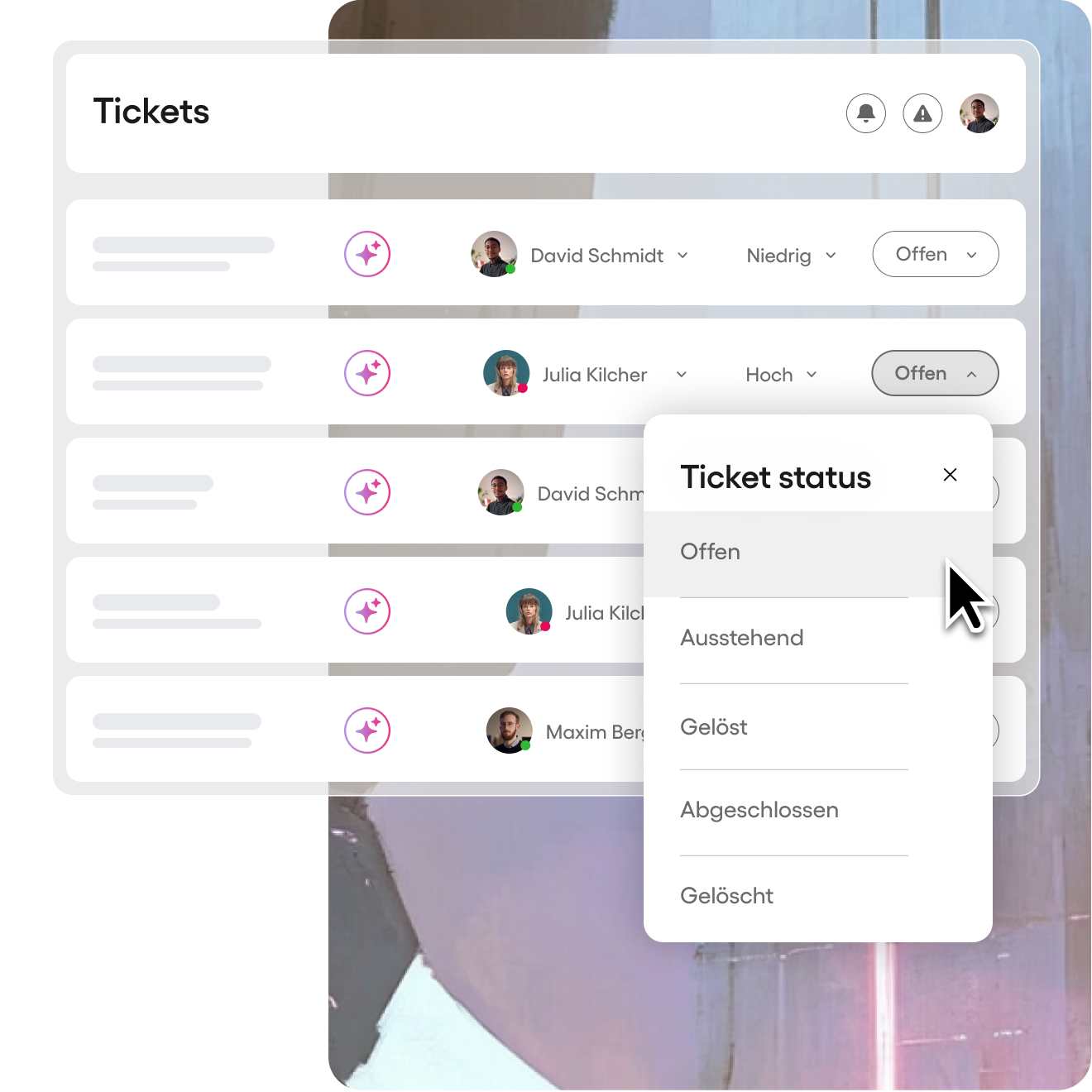 Listenansicht offener Support-Tickets mit Dropdown-Menü zur Auswahl des Ticketstatus: Offen, Ausstehend, Gelöst, Abgeschlossen oder Gelöscht.