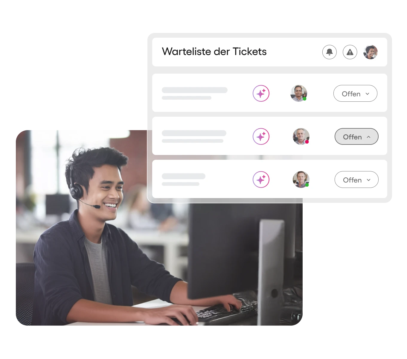 Ein lächelnder IT-Mitarbeiter mit Headset arbeitet an seinem Computer, während eine Warteliste für Tickets aus der Ateras IT-Management-Plattform eingeblendet ist.