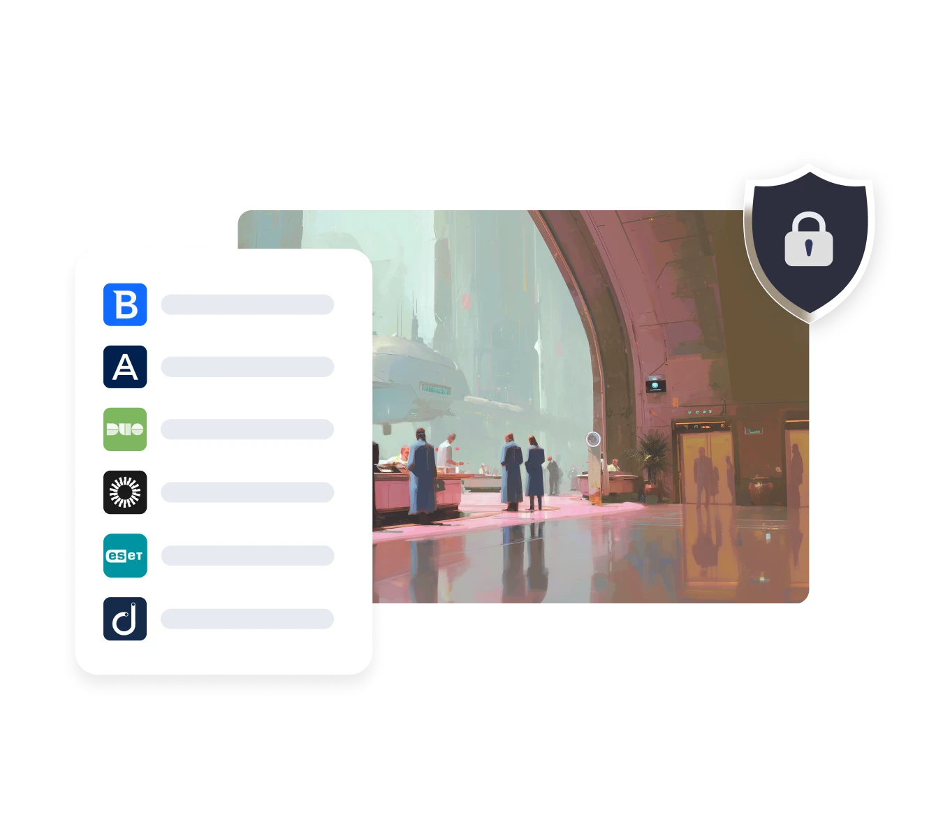 Illustration of Atera integrations with Bitdefender, AnyDesk, Duo, SentinelOne, ESET, and JumpCloud for IT security and identity management.
