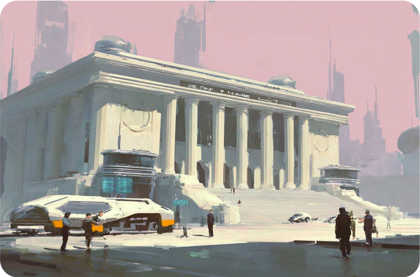 Futuristic government building with tall columns, dome structures, and people walking near advanced vehicles in a modern cityscape.